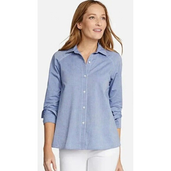J MCLAUGHLIN Hensely Blouse Size Small Chambray Button Up Top Lightweight Cotton - Picture 1 of 10